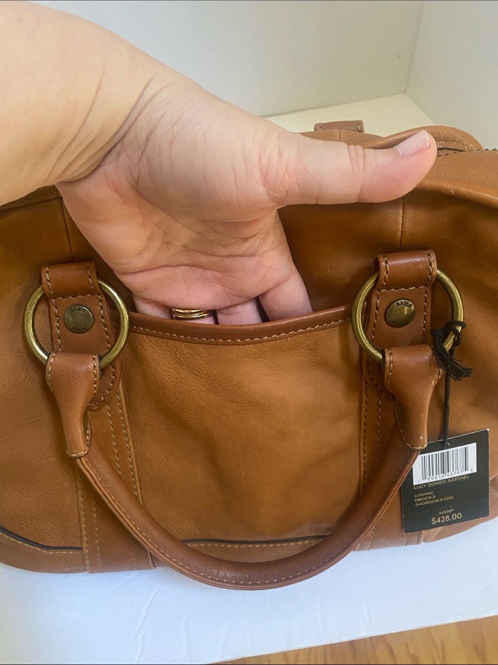 NWT $438 Frye Cognac All Leather Lucy Domed Satchel/Crossbody handbag - Picture 10 of 11